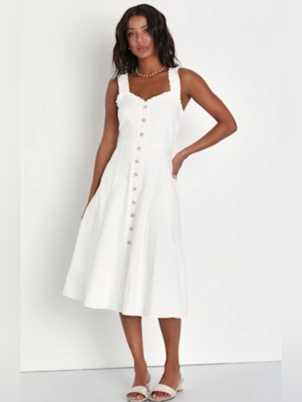 White Button-Front Midi Dress with Square Neck